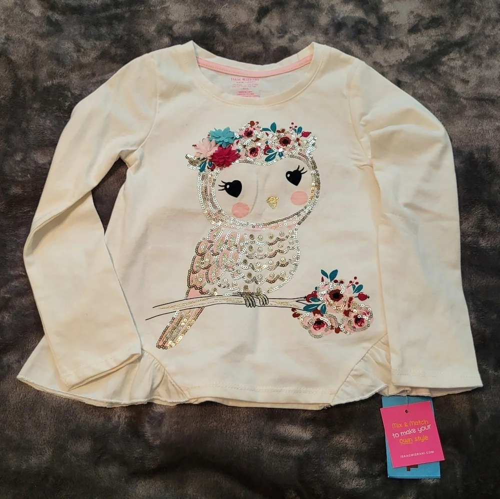 🩷 3/$15 Girls (XS/4) Isaac Mizrahi New York Cream Owl Long Sleeve Top NWT